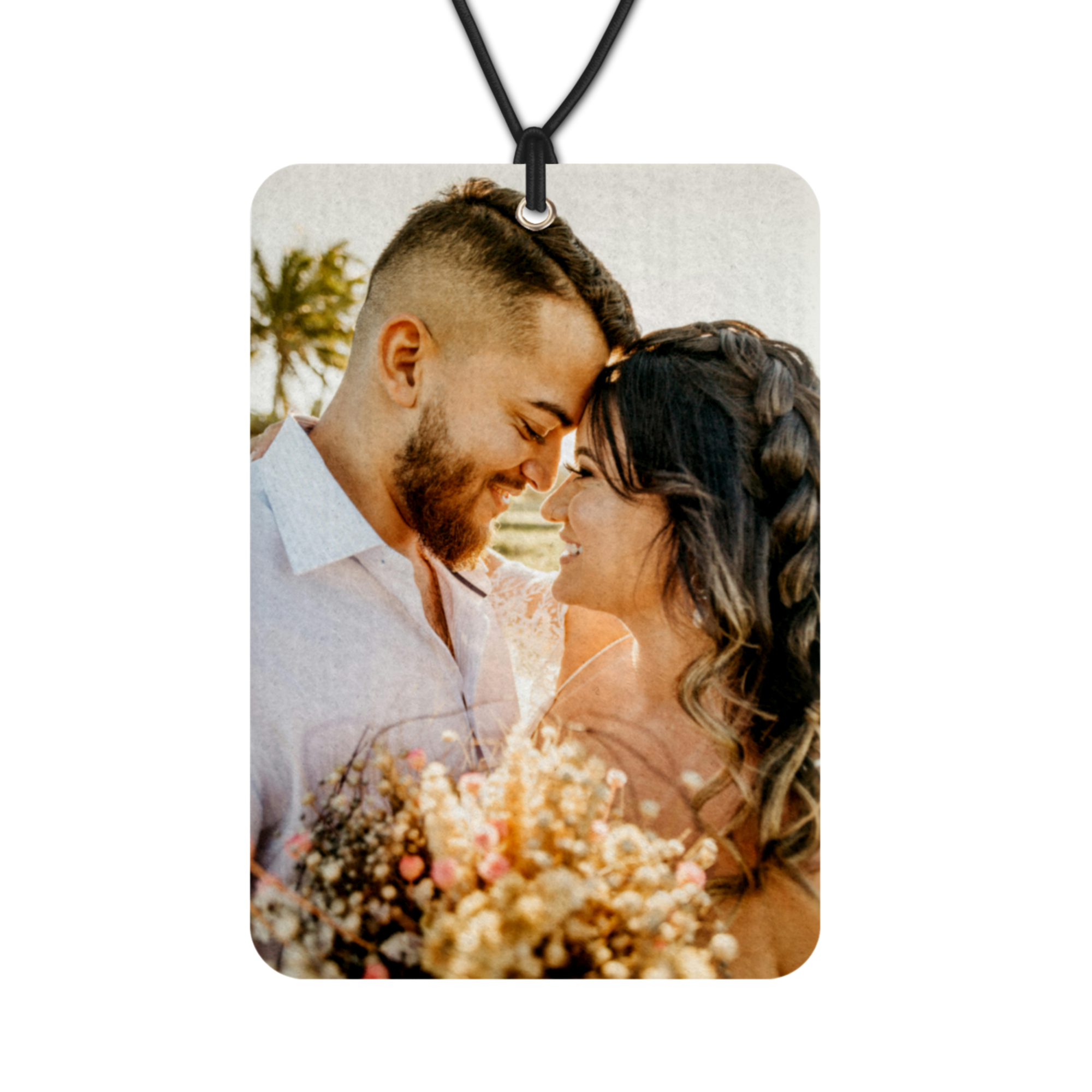 Personalized felt car freshener with a couple's wedding photo